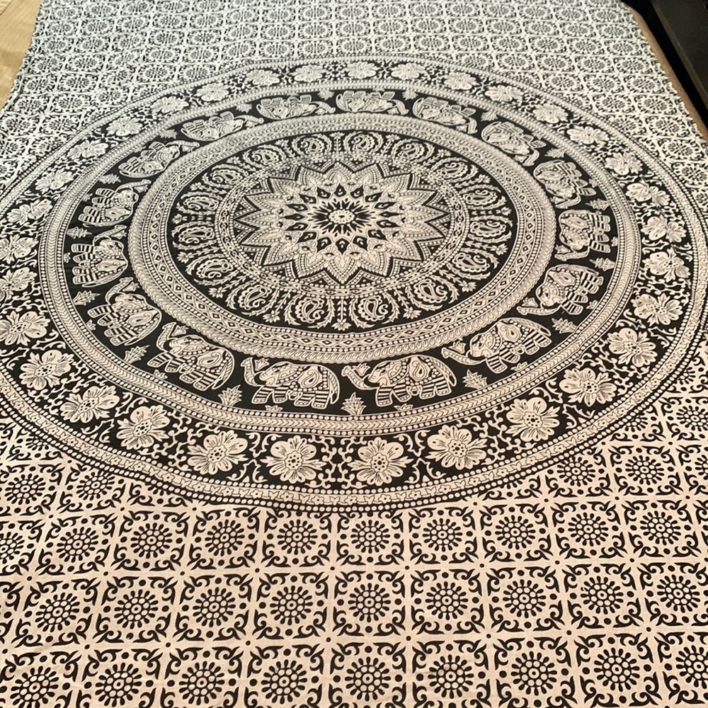 Handmade Black and White Elephant Tapestry made in India.  80” X 52”